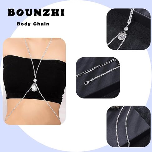 Bounzhi Sexy Rhinestone Body Chain Bra Bikini Waist Body Chains Beach Body Necklace for Women and Girls in Kuwait