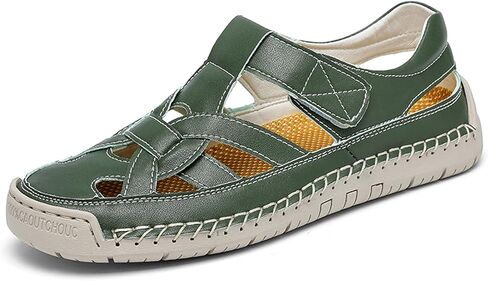 Women's Leather Cutout Closed Toe Fisherman Sandals Summer Comfortable Soft Sole Flat Sandals with Hook and Loop Outdoor Casual Athletic Walking Beach Shoes in Kuwait