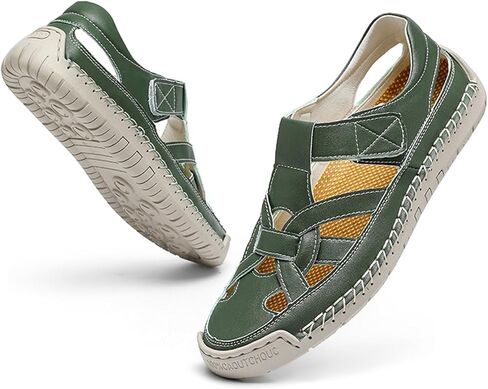 Women's Leather Cutout Closed Toe Fisherman Sandals Summer Comfortable Soft Sole Flat Sandals with Hook and Loop Outdoor Casual Athletic Walking Beach Shoes in Kuwait