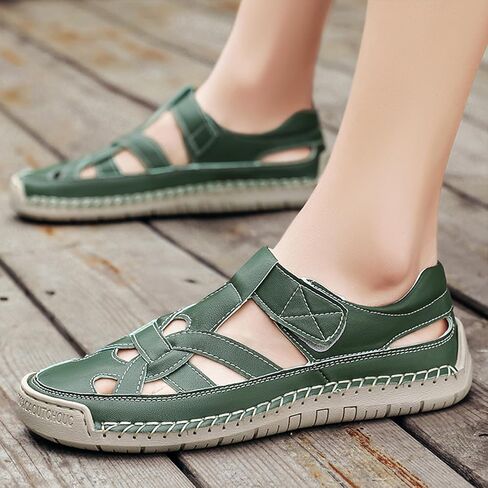 Women's Leather Cutout Closed Toe Fisherman Sandals Summer Comfortable Soft Sole Flat Sandals with Hook and Loop Outdoor Casual Athletic Walking Beach Shoes in Kuwait