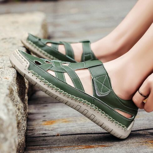 Women's Leather Cutout Closed Toe Fisherman Sandals Summer Comfortable Soft Sole Flat Sandals with Hook and Loop Outdoor Casual Athletic Walking Beach Shoes in Kuwait
