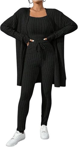MakeMeChic Women's 3 Piece Lounge Set Rib Knit Long Sleeve Open Front Cardigan Cami Top Leggings Pants Pajamas Set in Saudi Arabia