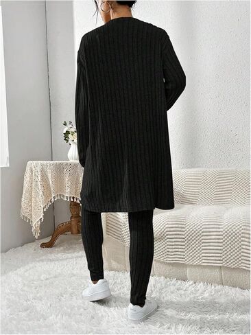 MakeMeChic Women's 3 Piece Lounge Set Rib Knit Long Sleeve Open Front Cardigan Cami Top Leggings Pants Pajamas Set in Saudi Arabia