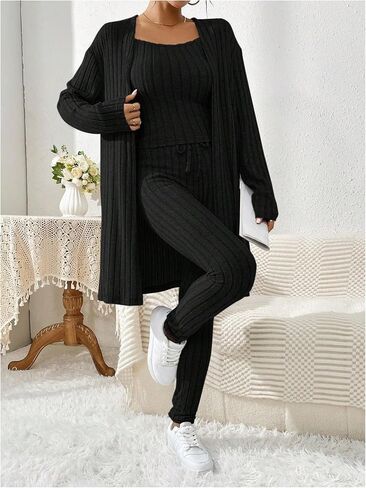 MakeMeChic Women's 3 Piece Lounge Set Rib Knit Long Sleeve Open Front Cardigan Cami Top Leggings Pants Pajamas Set in Saudi Arabia