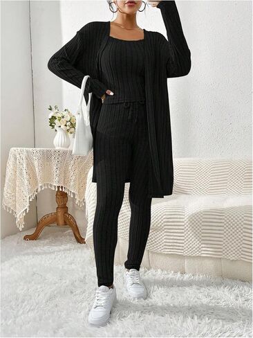 MakeMeChic Women's 3 Piece Lounge Set Rib Knit Long Sleeve Open Front Cardigan Cami Top Leggings Pants Pajamas Set in Saudi Arabia