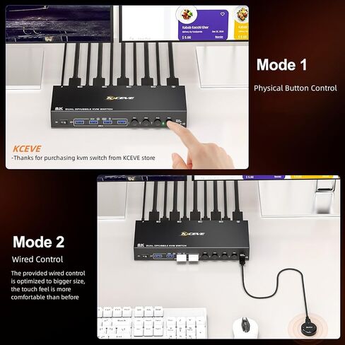 8K KVM Switch 2 شاشات 3 كمبيوتر، شاشات KCEVE المزدوجة USB 3.0 Displayport KVM Switcher، يدعم 8K@60 هرتز لـ 3 منافذ DP PC شارك 2 شاشات DP ولوحة المفاتيح والماوس in Saudi Arabia