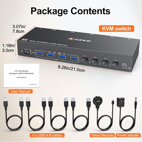 8K KVM Switch 2 شاشات 3 كمبيوتر، شاشات KCEVE المزدوجة USB 3.0 Displayport KVM Switcher، يدعم 8K@60 هرتز لـ 3 منافذ DP PC شارك 2 شاشات DP ولوحة المفاتيح والماوس in Saudi Arabia