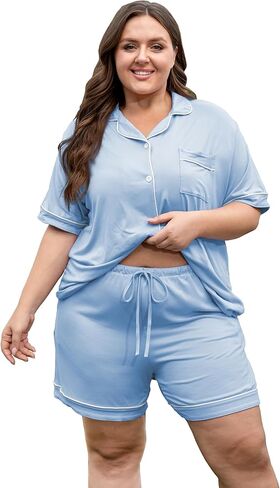 Vozanet Women's Plus Size Button Down Pajamas Soft Lounge Sets Shorts with Pockets Bride Nighty Solid Soft Pjs 1x to 5x in Kuwait