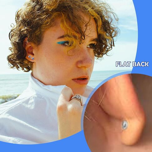 Blisi G23 Solid Titanium Studs أقراط مسطحة الإضاءة الخلفية سيام الأقراط ، المسمار اللامع الظهر الفضة الأقطاب Hypoallergenic 3mm/4mm/5mm الغضروف أحجار الراين الحلق اللولب tragus conch percing in Kuwait
