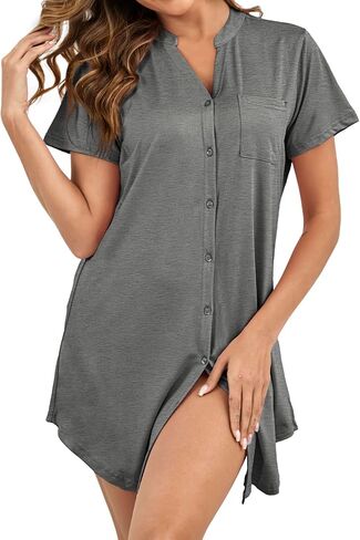 Nightgowns for Women Button Down Sleep Shirt Short Sleeve Pajama Dress V Neck Boyfriend Nightshirt S-XXL in Saudi Arabia