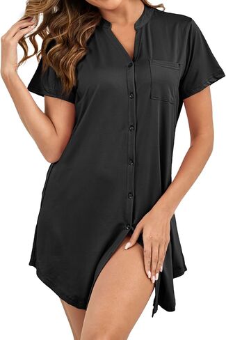 Nightgowns for Women Button Down Sleep Shirt Short Sleeve Pajama Dress V Neck Boyfriend Nightshirt S-XXL in Saudi Arabia