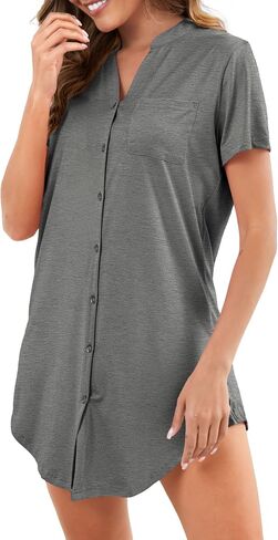 Nightgowns for Women Button Down Sleep Shirt Short Sleeve Pajama Dress V Neck Boyfriend Nightshirt S-XXL in Saudi Arabia
