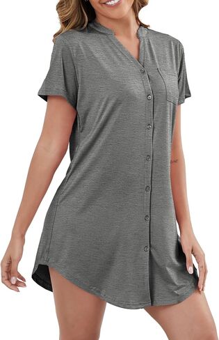 Nightgowns for Women Button Down Sleep Shirt Short Sleeve Pajama Dress V Neck Boyfriend Nightshirt S-XXL in Saudi Arabia