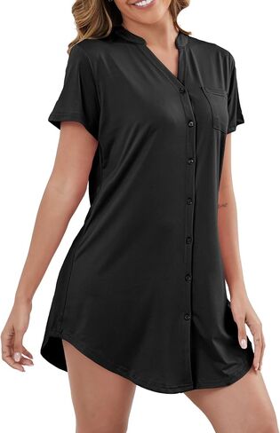Nightgowns for Women Button Down Sleep Shirt Short Sleeve Pajama Dress V Neck Boyfriend Nightshirt S-XXL in Saudi Arabia