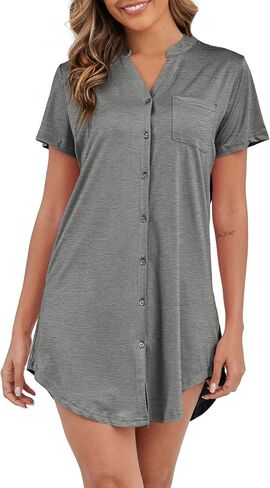 Nightgowns for Women Button Down Sleep Shirt Short Sleeve Pajama Dress V Neck Boyfriend Nightshirt S-XXL in Saudi Arabia