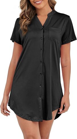 Nightgowns for Women Button Down Sleep Shirt Short Sleeve Pajama Dress V Neck Boyfriend Nightshirt S-XXL in Saudi Arabia