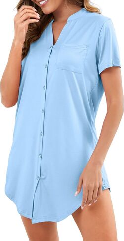 Nightgowns for Women Button Down Sleep Shirt Short Sleeve Pajama Dress V Neck Boyfriend Nightshirt S-XXL in Saudi Arabia