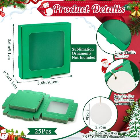 25 Pcs Sublimation Ornament Blanks Gift Box 3.6" x 3.6" x 0.7" Christmas Ornaments Holder Ceramic Discs Ornaments Packaging Box with Window for Personalized Xmas Tree Ornament Blanks Bulk in Saudi Arabia