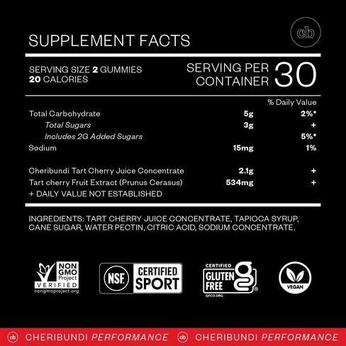 Cheribundi Tart Cherry Gummies Sleep | Performance for Maximum Recovery with 25 Tart Cherries | Powerful Antioxidant Support, Non-GMO, Gluten-Free, Vegan | 20 Calories per Serving | 60 Count in Saudi Arabia