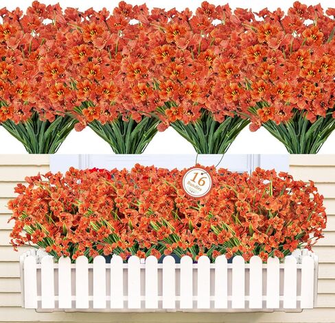 12 Bundles Fall Flowers Artificial for Decoration, Fake Mums Flowers Outdoor UV Resistant, Faux Plastic Flowers for Outdoors Porch Window Garden Box Hanging Pot Autumn Home Decor (Orange) in Saudi Arabia