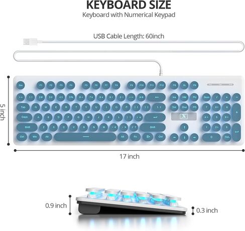 Fogruaden Wired Retro Typewriter Keyboard, Quiet Full Size Membrane Keyboard Light Up, Dark Green Cute Computer Keyboards, 104 Round Keys, Blue LED Backlit, Slim, Silent for Windows PC, Laptop in Kuwait