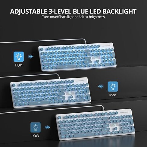 Fogruaden Wired Retro Typewriter Keyboard, Quiet Full Size Membrane Keyboard Light Up, Dark Green Cute Computer Keyboards, 104 Round Keys, Blue LED Backlit, Slim, Silent for Windows PC, Laptop in Kuwait