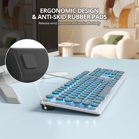 Fogruaden Wired Retro Typewriter Keyboard, Quiet Full Size Membrane Keyboard Light Up, Dark Green Cute Computer Keyboards, 104 Round Keys, Blue LED Backlit, Slim, Silent for Windows PC, Laptop in Kuwait