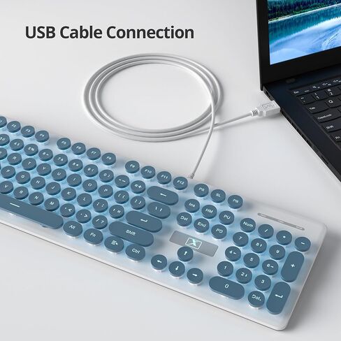 Fogruaden Wired Retro Typewriter Keyboard, Quiet Full Size Membrane Keyboard Light Up, Dark Green Cute Computer Keyboards, 104 Round Keys, Blue LED Backlit, Slim, Silent for Windows PC, Laptop in Kuwait