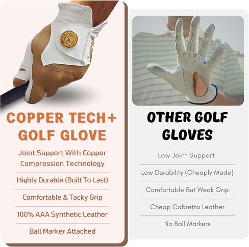 Copper Tech Men's Golf Gloves - Optimal Wrist Support with Copper Infused Thread - 100% AAA Synthetic Tacky Leather - Perfect for Summer & Fall Golfing - Golf Gloves Men (Hand Orientation: Both Hand) in Saudi Arabia