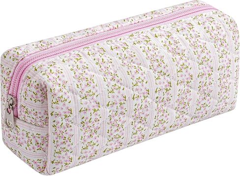 Cute Floral Cotton Makeup Brush Cosmetic Bag for Women, Travel Quilted Zipper Make Up Bag, Flowers Toiletry Organizer Case Kawaii Makeup Cosmetic Travel Cloth Pouch (Pink Floral) in Saudi Arabia