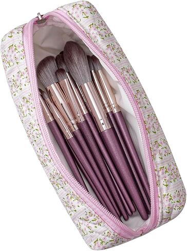 Cute Floral Cotton Makeup Brush Cosmetic Bag for Women, Travel Quilted Zipper Make Up Bag, Flowers Toiletry Organizer Case Kawaii Makeup Cosmetic Travel Cloth Pouch (Pink Floral) in Saudi Arabia