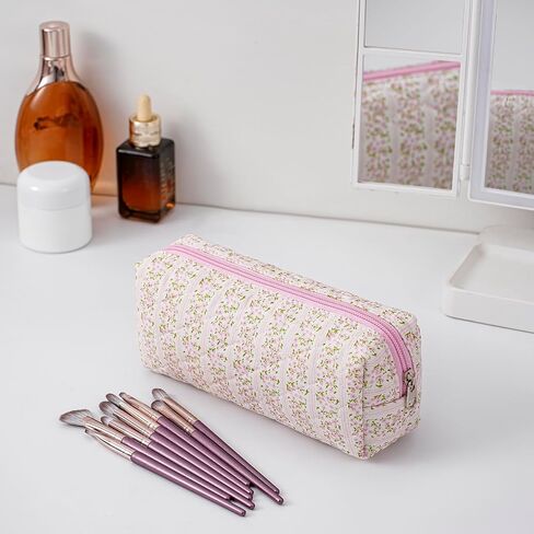 Cute Floral Cotton Makeup Brush Cosmetic Bag for Women, Travel Quilted Zipper Make Up Bag, Flowers Toiletry Organizer Case Kawaii Makeup Cosmetic Travel Cloth Pouch (Pink Floral) in Saudi Arabia