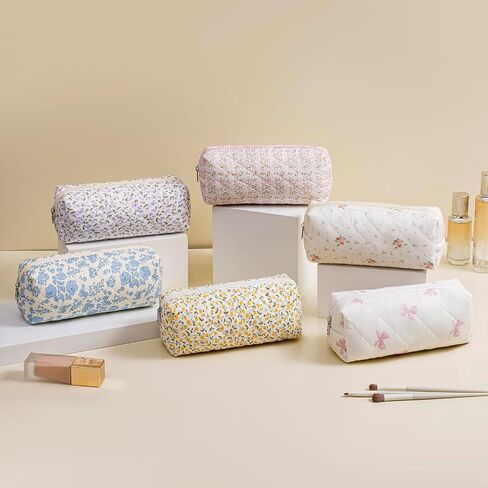 Cute Floral Cotton Makeup Brush Cosmetic Bag for Women, Travel Quilted Zipper Make Up Bag, Flowers Toiletry Organizer Case Kawaii Makeup Cosmetic Travel Cloth Pouch (Pink Floral) in Saudi Arabia