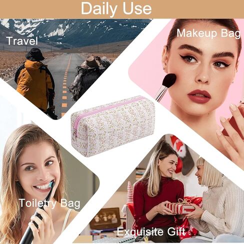 Cute Floral Cotton Makeup Brush Cosmetic Bag for Women, Travel Quilted Zipper Make Up Bag, Flowers Toiletry Organizer Case Kawaii Makeup Cosmetic Travel Cloth Pouch (Pink Floral) in Saudi Arabia
