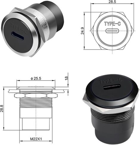 USB-C 3.1 Panel Mount Adapter - High-Speed Type-C Female-to-Female Connector, 10Gbps, Threaded Fixed Mount with Anti-Loosening Gasket & Dust Protection Cover for Dashboards and Panels (Black) in Kuwait