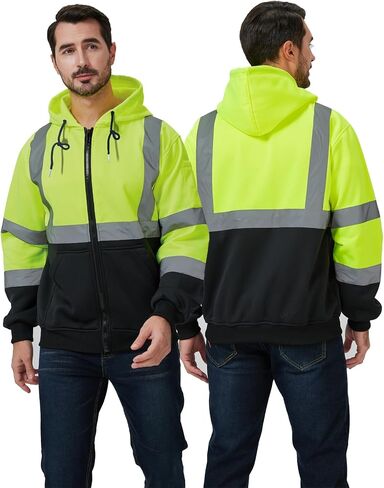 High Visibility Safety Hoodie, Reflective Workwear Sweatshirt, Neon Yellow and Black, Zip-Up in Saudi Arabia