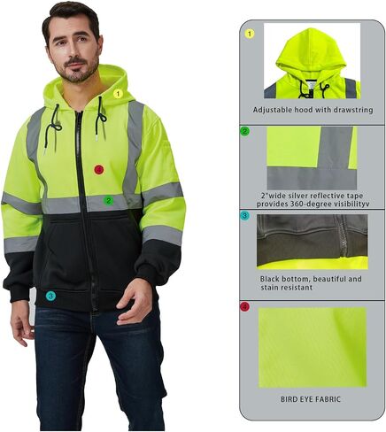 High Visibility Safety Hoodie, Reflective Workwear Sweatshirt, Neon Yellow and Black, Zip-Up in Saudi Arabia