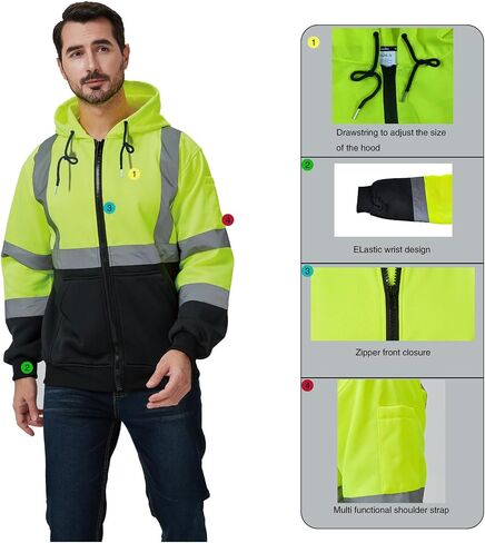 High Visibility Safety Hoodie, Reflective Workwear Sweatshirt, Neon Yellow and Black, Zip-Up in Saudi Arabia