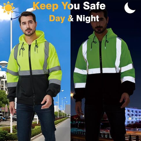 High Visibility Safety Hoodie, Reflective Workwear Sweatshirt, Neon Yellow and Black, Zip-Up in Saudi Arabia