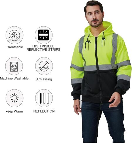 High Visibility Safety Hoodie, Reflective Workwear Sweatshirt, Neon Yellow and Black, Zip-Up in Saudi Arabia