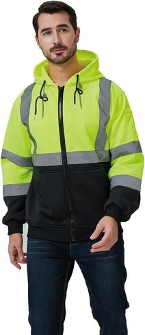 High Visibility Safety Hoodie, Reflective Workwear Sweatshirt, Neon Yellow and Black, Zip-Up in Saudi Arabia