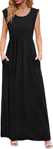 DB MOON Womens 2025 Maxi Dresses Empire Waist Long Summer Dress Casual Cap Short Sleeve Sundress with Pockets in Kuwait