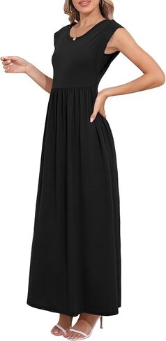 DB MOON Womens 2025 Maxi Dresses Empire Waist Long Summer Dress Casual Cap Short Sleeve Sundress with Pockets in Kuwait