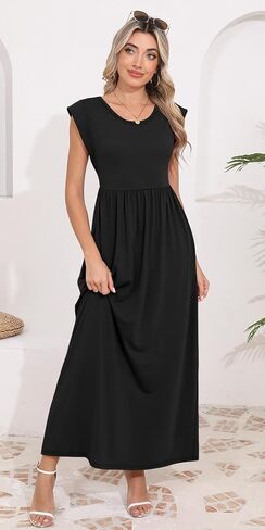 DB MOON Womens 2025 Maxi Dresses Empire Waist Long Summer Dress Casual Cap Short Sleeve Sundress with Pockets in Kuwait