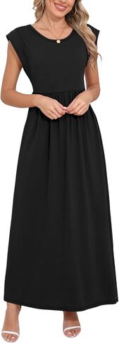 DB MOON Womens 2025 Maxi Dresses Empire Waist Long Summer Dress Casual Cap Short Sleeve Sundress with Pockets in Kuwait
