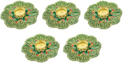 مجموعة من 5 حصيرة Aasan Rangoli مع حامل شموع شاي شموع T-Light Stand للمنزل المكون من المطرزات الذهبية في المهرجان ديكور ديكور عيد الميلاد الجديد (الحجم: -5 ") (أحمر) in Kuwait