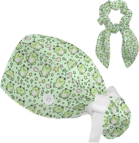قبعات فرك النساء ، والأغطية الجراحية للنساء مع حقيبة ذيل الحصان والأزرار ، وقبعات فرك بوفانت مع القوس scrunchie للشعر الطويل ، وضفدع القلب الخضراء in Kuwait