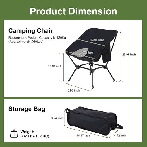 Camping Chair Portable Lightweight Camping Chairs for Adults Foldable 600D Oxford Ultralight Backpacking Chair with Breathable Mesh and Pocket for Outdoor Travel Hiking, Black in Kuwait