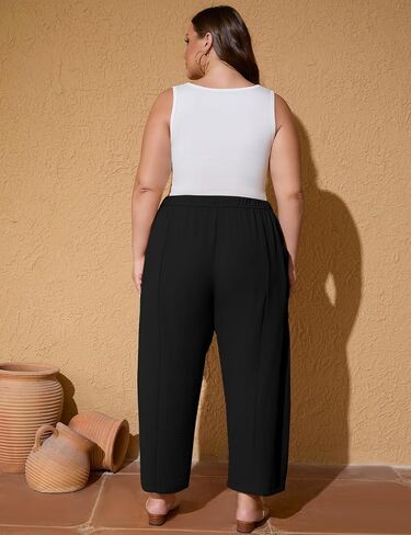 Flygo Plus Size Pants for Women Summer Casual Wide Leg Palazzo Pants Baggy Trousers with Pockets in Saudi Arabia
