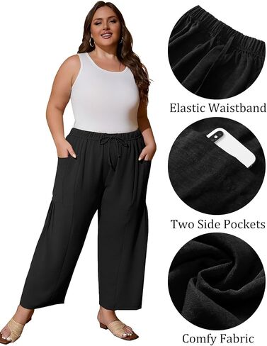 Flygo Plus Size Pants for Women Summer Casual Wide Leg Palazzo Pants Baggy Trousers with Pockets in Saudi Arabia